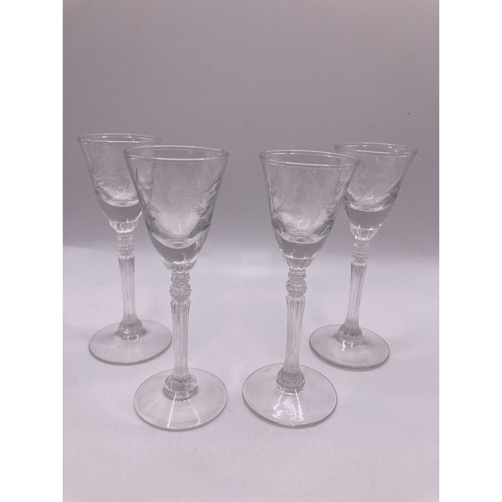 Vintage RIEKES-CRISA Set of 4 Cordial Glasses Stem Cut Floral--Crystal